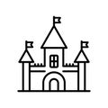 Castle line icon. Kingdom tower fantasy gothic architecture building silhouette. Medieval fortress palace. Royal old