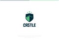 Castle Logo Design. Vector Logo Template. A kingdom shield of a vintage medieval and classic castle fortress with three stars on t
