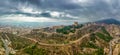 Aerial view of Lorca medieval castle with Tour de Alfonz, square towers , covering the entire long plateau of the hill Royalty Free Stock Photo