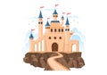 Castle with Majestic Palace Architecture and Fairytale Like Forest Scenery in Cartoon Flat Style Illustration Royalty Free Stock Photo