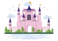 Castle with Majestic Palace Architecture and Fairytale Like Forest Scenery in Cartoon Flat Style Illustration Royalty Free Stock Photo