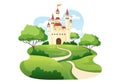 Castle with Majestic Palace Architecture and Fairytale Like Forest Scenery in Cartoon Flat Style Illustration Royalty Free Stock Photo