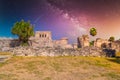 The castle, Mayan Ruins in Tulum, Riviera Maya, Yucatan, Caribbean Sea, Mexico with Milky Way Galaxy stars night sky Royalty Free Stock Photo