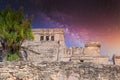 The castle, Mayan Ruins in Tulum, Riviera Maya, Yucatan, Caribbean Sea, Mexico with Milky Way Galaxy stars night sky Royalty Free Stock Photo