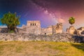 The castle, Mayan Ruins in Tulum, Riviera Maya, Yucatan, Caribbean Sea, Mexico with Milky Way Galaxy stars night sky Royalty Free Stock Photo