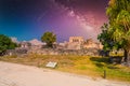 The castle, Mayan Ruins in Tulum, Riviera Maya, Yucatan, Caribbean Sea, Mexico with Milky Way Galaxy stars night sky Royalty Free Stock Photo