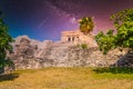 The castle, Mayan Ruins in Tulum, Riviera Maya, Yucatan, Caribbean Sea, Mexico with Milky Way Galaxy stars night sky Royalty Free Stock Photo