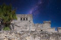 The castle, Mayan Ruins in Tulum, Riviera Maya, Yucatan, Caribbean Sea Mexico with Milky Way Galaxy stars night sky Royalty Free Stock Photo