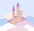 Castle medieval background. Fairytale pink fort in cartoon clouds. Princess fantasy building, tale magic palace. Baby Royalty Free Stock Photo