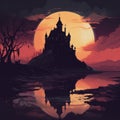 a castle in the middle of a lake with a full moon in the background