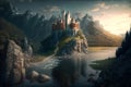 Castle on mountain top by river at sunset, fantasy landscape, illustration, generative AI Royalty Free Stock Photo