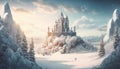 Castle on mountain top in winter, landscape with old citadel in forest, generative AI Royalty Free Stock Photo