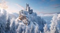 Castle on mountain top in winter, landscape with snowy forest and citadel, generative AI Royalty Free Stock Photo