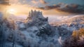 Castle on mountain top in winter, landscape with snowy forest and citadel, generative AI Royalty Free Stock Photo