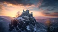 Castle on mountain top in winter, medieval citadel at sunset, generative AI