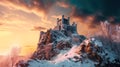 Castle on mountain top in winter, medieval citadel at sunset, generative AI Royalty Free Stock Photo