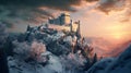 Castle on mountain top in winter, medieval citadel at sunset, generative AI Royalty Free Stock Photo