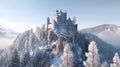 Castle on mountain top in winter, snowy forest and medieval citadel, generative AI Royalty Free Stock Photo