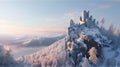 Castle on mountain top in winter, snowy forest and medieval citadel, generative AI