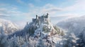 Castle on mountain top in winter, snowy forest and medieval citadel, generative AI Royalty Free Stock Photo