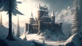 Castle on mountain in winter, image of snowy forest and citadel like watercolor style, generative AI. Fairytale scenery of old Royalty Free Stock Photo