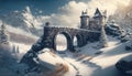 Castle on mountain in winter, image of snowy forest and medieval citadel, generative AI