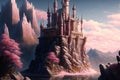 The castle, mountains, and cliffs of a fantasy setting. 3 D