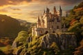 Castle in the mountains at sunset. Fairytale landscape. 3d render, perched upon a magical hill, surrounded by a spectacular array Royalty Free Stock Photo