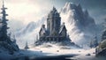 Castle at mountains in winter, image of snowy forest and citadel like watercolor style, generative AI Royalty Free Stock Photo