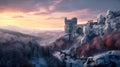 Castle in mountains in winter, landscape with citadel in forest at sunset, generative AI Royalty Free Stock Photo