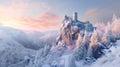 Castle in mountains in winter, landscape with old citadel in forest, generative AI Royalty Free Stock Photo