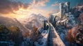Castle in mountains in winter, medieval citadel and road at sunset, generative AI