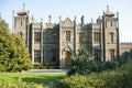 The castle in the neo-moorish style with battlements and towers  surrounded by the lush garden. Decorative elements. Royalty Free Stock Photo