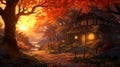 Tranquil Sunset Scene: Fall House In Woodland Hd Wallpaper Royalty Free Stock Photo