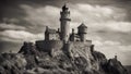 castle in the night black and white photo of A fantasy lighthouse in a medieval castle,