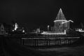 Castle night scene black and white, Christmas in Kaunas