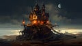 Castle In The Ocean: Dark And Playful Digital Art Wallpaper