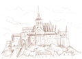 Castle old on a hill, historical medieval building crayon drawing on a white background sketch. Architectural monument