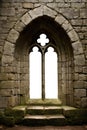 a castle or palace Gothic arch stone medieval window. Brick, stone wall. Isolated transparent background.