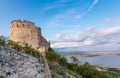 Castle in Palava, Czech republic, ruins of wall, landscape panorama of near village