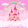 Castle of princess. Fantasy flying palace in pink magic clouds. Fairytale royal medieval heaven palace. Cartoon vector Royalty Free Stock Photo