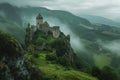 A castle proudly stands atop a misty mountain, creating a mysterious and awe-inspiring scene, Medieval fortress in a lush green Royalty Free Stock Photo