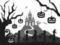 Castle, pumpkin, costume kids, tree, bat halloween silhouette black and white Royalty Free Stock Photo