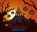 Castle, pumpkin, zombie halloween silhouette on dark Colored poster