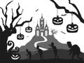 Castle, pumpkin, zombie, tree, bat halloween silhouette black and white