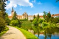 Castle with reflection in pond in spring time in Pruhonice, Czech Republic