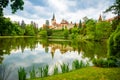 Castle with reflection in pond in spring time in Pruhonice, Czech Republic