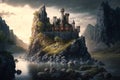 Castle on river island at sunset, fantasy mountain landscape, illustration, generative AI Royalty Free Stock Photo