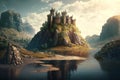 Castle on river island at sunset, fantasy mountain landscape, illustration, generative AI Royalty Free Stock Photo