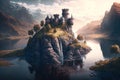 Castle on river island at sunset, fantasy mountain landscape, illustration, generative AI Royalty Free Stock Photo